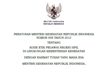 Download Peraturan Menteri Kesehatan Republik Indonesia Nomor 008 Tahun 2012 Tentang Kode Etik Pegawai Negeri Sipil Di Lingkungan Kementerian Kesehatan